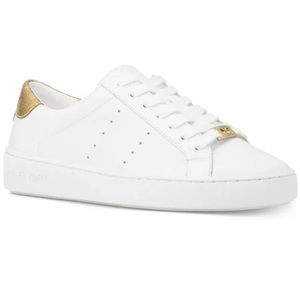 NIB MICHAEL KORS Irving Lace Up Lasered Leather Sneaker. White & Gold. Size 8